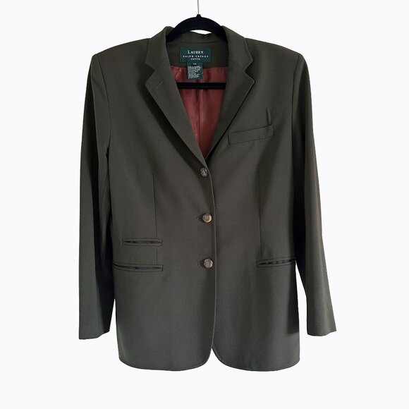 Vintage Lauren Ralph Lauren Blazer Jacket Sz 10P Olive Worsted Wool Equestrian - Picture 1 of 8